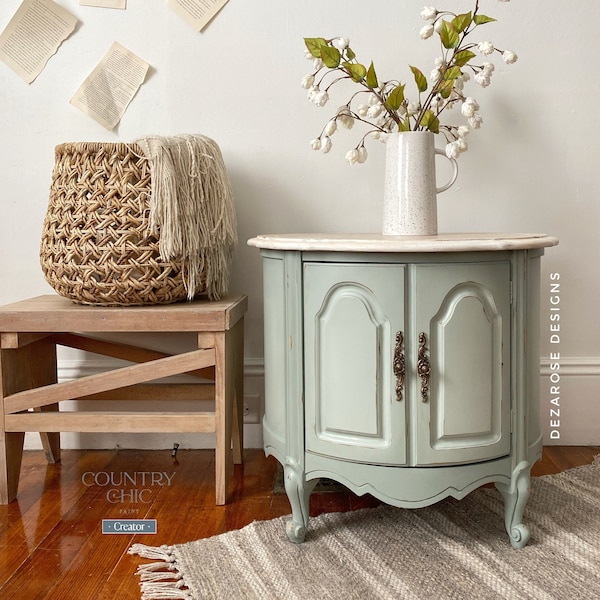 SOLD** SOLD*Painted Vintage Broyhill French provincial storage end table | Green painted end table with white washed stained top | Farmhouse