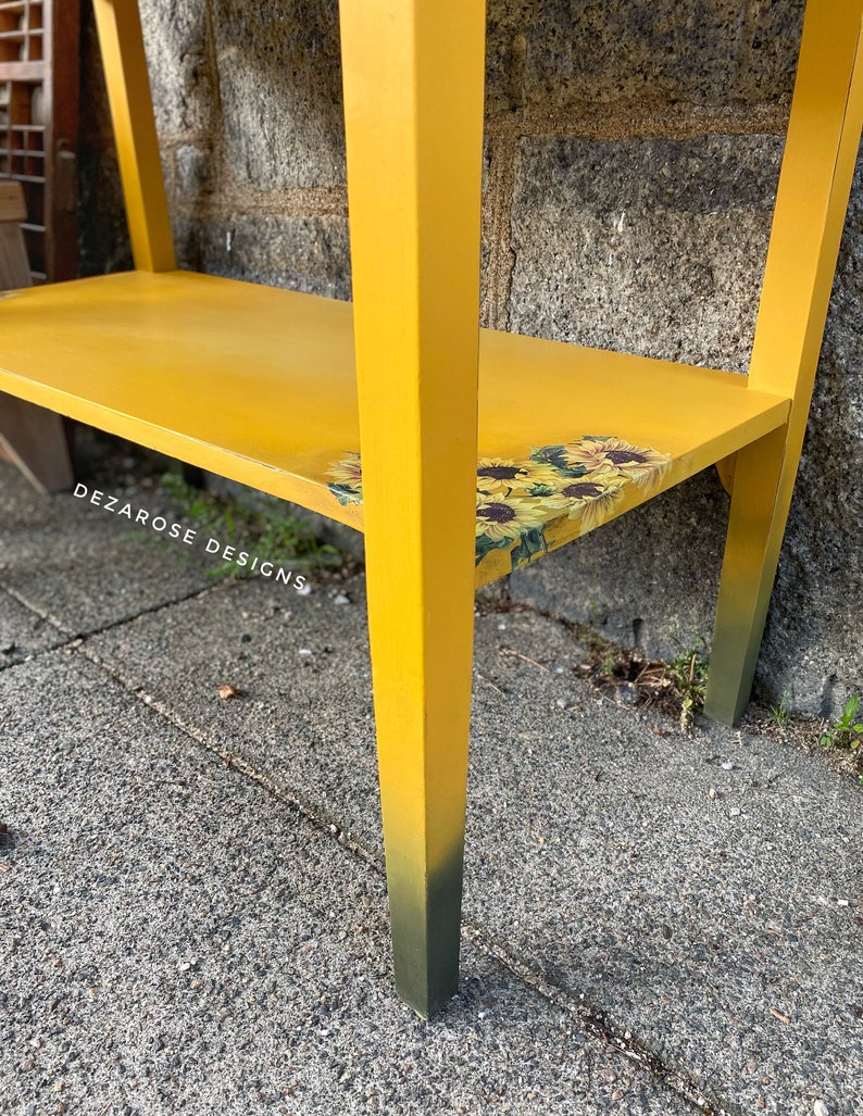 SOLD SOLDBeautiful mustard yellow blended painted solid wood console table with sunflower transfer entryway table changing table image 5