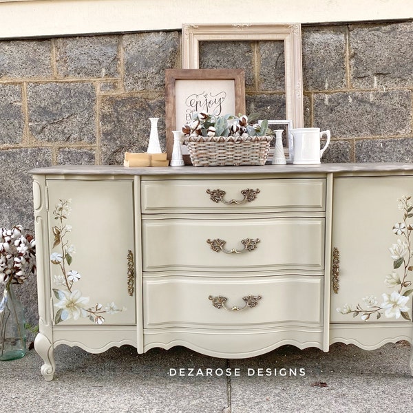 SOLD* refinished vintage French provincial sage green/beige blended buffet with floral transfer & custom driftwood style stained grey top