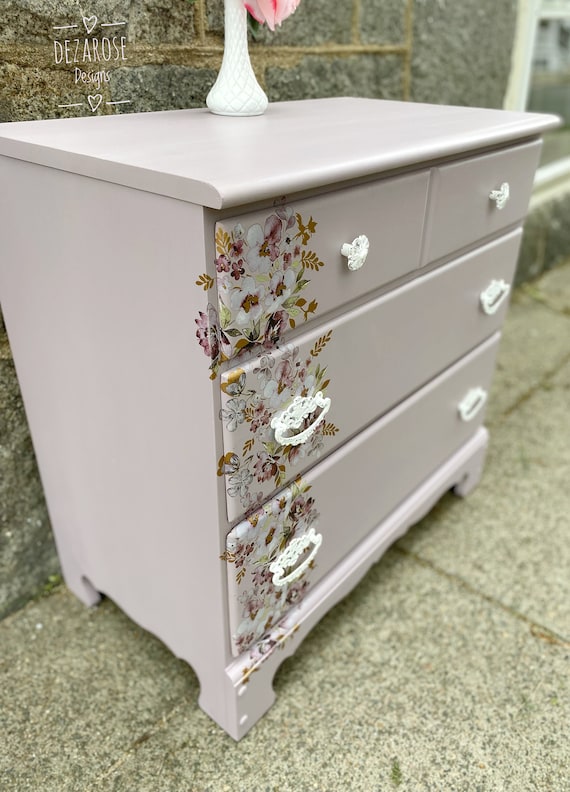 SOLDSOLD Beautiful Lilac Painted Dresser With Purple, Pink and Gold Floral  Transfer Vintage 7 Drawer Long Refinished Dresser 