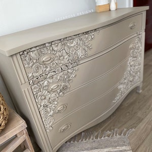 SOLD SOLD Painted neutral dresser with floral mould appliqués Refinished solid wood 3 drawer dresser with floral resin moulds image 6