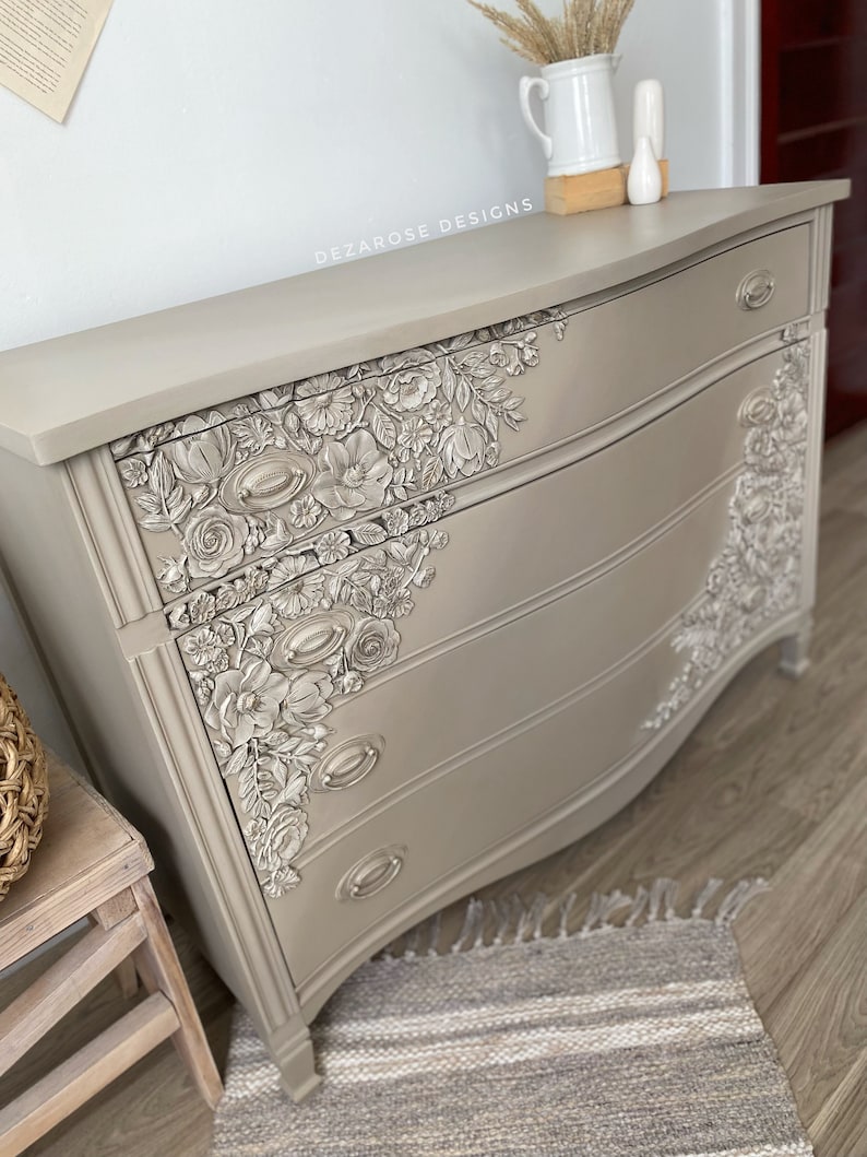 SOLD SOLD Painted neutral dresser with floral mould appliqués Refinished solid wood 3 drawer dresser with floral resin moulds image 6