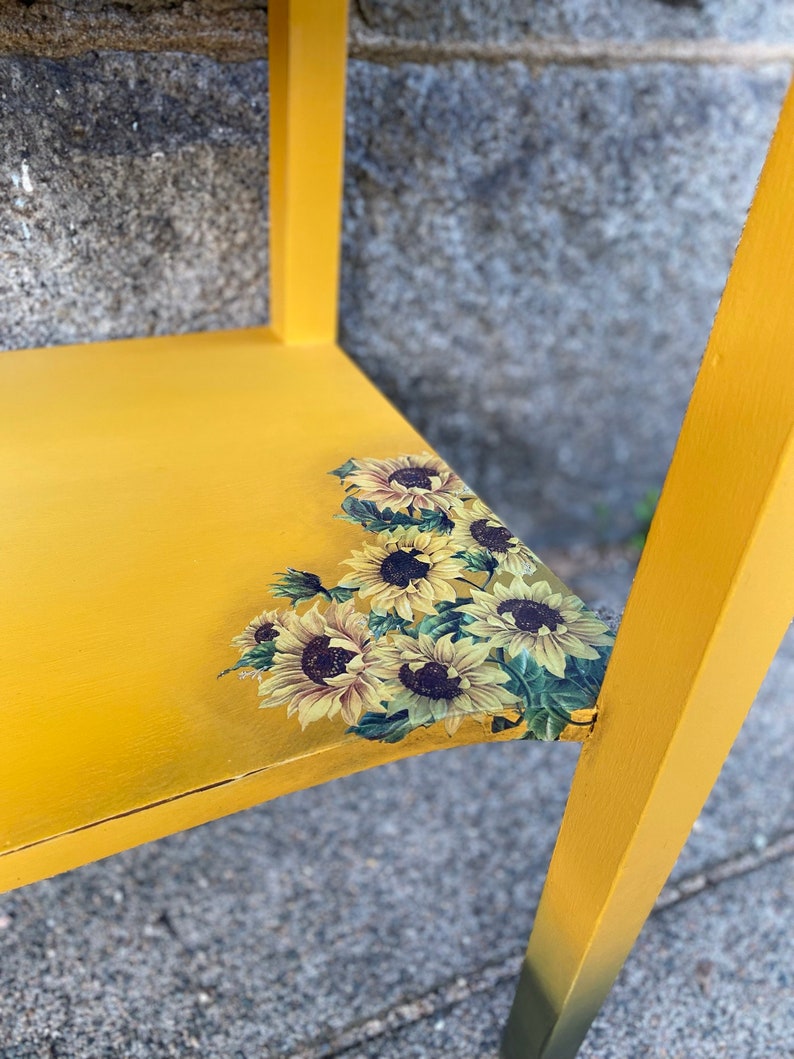 SOLD SOLDBeautiful mustard yellow blended painted solid wood console table with sunflower transfer entryway table changing table image 6