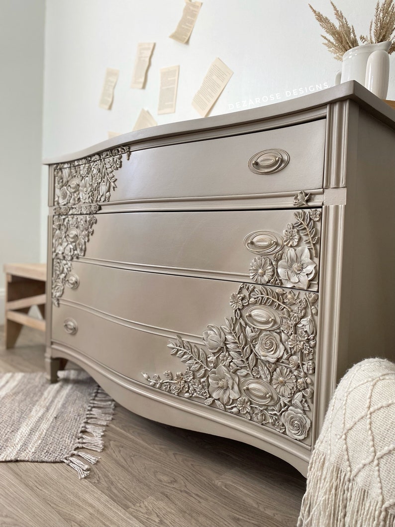 SOLD SOLD Painted neutral dresser with floral mould appliqués Refinished solid wood 3 drawer dresser with floral resin moulds image 4