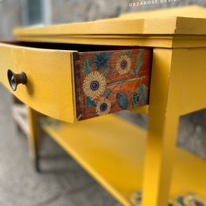 SOLD SOLDBeautiful mustard yellow blended painted solid wood console table with sunflower transfer entryway table changing table image 7