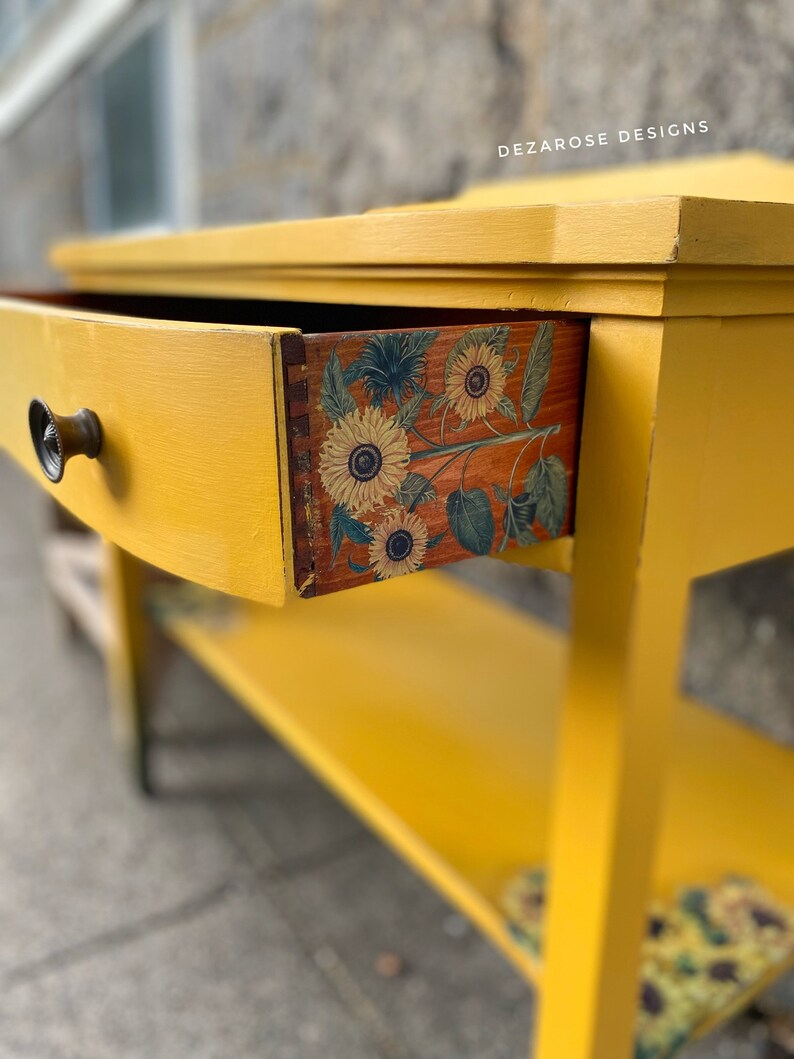 SOLD SOLDBeautiful mustard yellow blended painted solid wood console table with sunflower transfer entryway table changing table image 7