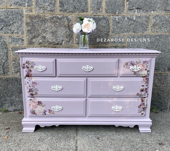 SOLDSOLD Beautiful Lilac Painted Dresser With Purple, Pink and Gold Floral  Transfer Vintage 7 Drawer Long Refinished Dresser 