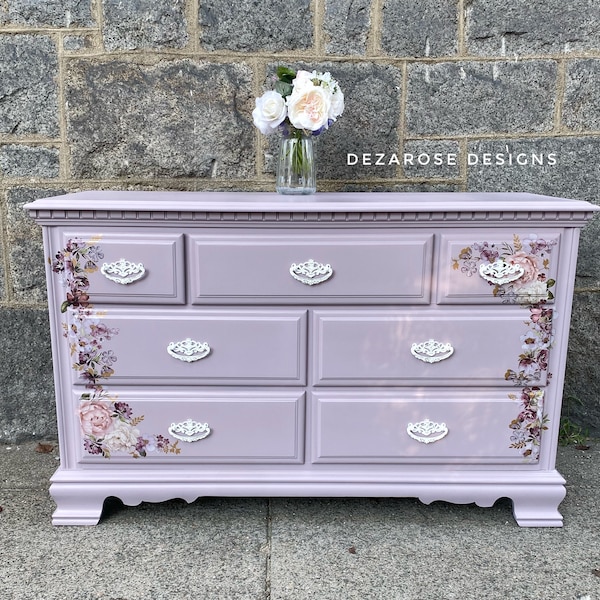 SOLD*SOLD* ! Beautiful lilac painted dresser with purple, pink and gold floral transfer | vintage 7 drawer long refinished dresser