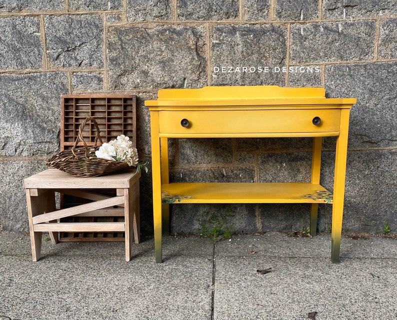 SOLD SOLDBeautiful mustard yellow blended painted solid wood console table with sunflower transfer entryway table changing table image 1