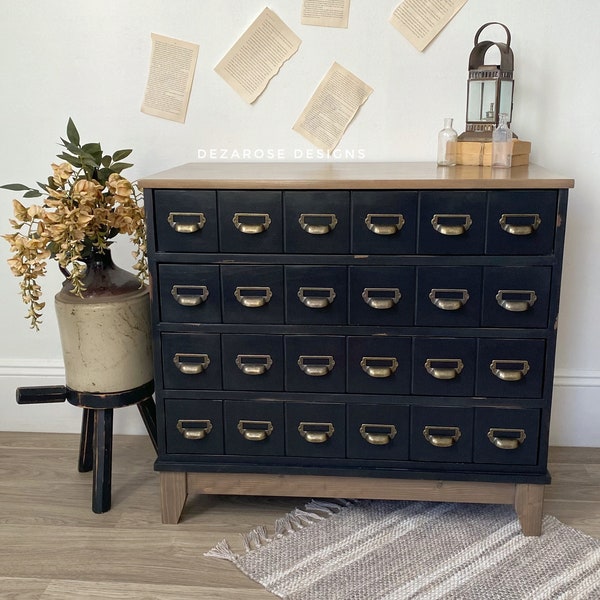 SOLD SOLD**Black Painted Faux apothecary 4 drawer dresser with stained wood top and base | Refinished apothecary farmhouse style dresser