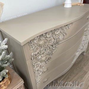 SOLD SOLD Painted neutral dresser with floral mould appliqués Refinished solid wood 3 drawer dresser with floral resin moulds image 9