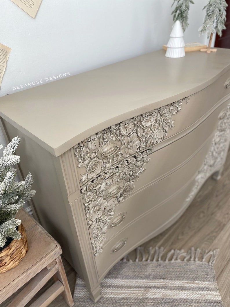 SOLD SOLD Painted neutral dresser with floral mould appliqués Refinished solid wood 3 drawer dresser with floral resin moulds image 9