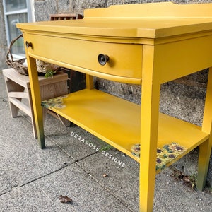SOLD SOLDBeautiful mustard yellow blended painted solid wood console table with sunflower transfer entryway table changing table image 2
