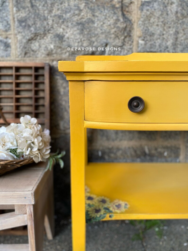 SOLD SOLDBeautiful mustard yellow blended painted solid wood console table with sunflower transfer entryway table changing table image 9