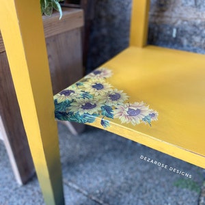 SOLD SOLDBeautiful mustard yellow blended painted solid wood console table with sunflower transfer entryway table changing table image 4