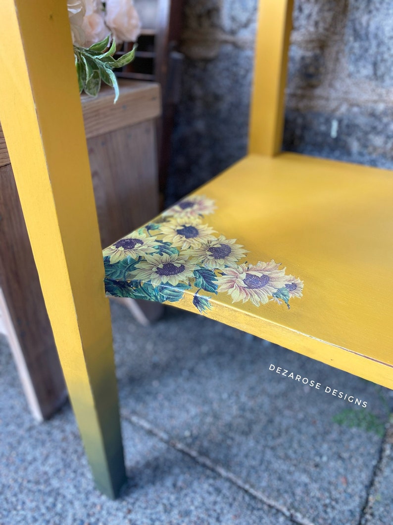 SOLD SOLDBeautiful mustard yellow blended painted solid wood console table with sunflower transfer entryway table changing table image 4