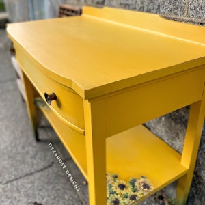 SOLD SOLDBeautiful mustard yellow blended painted solid wood console table with sunflower transfer entryway table changing table image 3