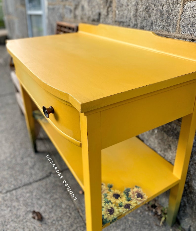 SOLD SOLDBeautiful mustard yellow blended painted solid wood console table with sunflower transfer entryway table changing table image 3