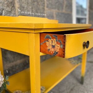 SOLD SOLDBeautiful mustard yellow blended painted solid wood console table with sunflower transfer entryway table changing table image 8
