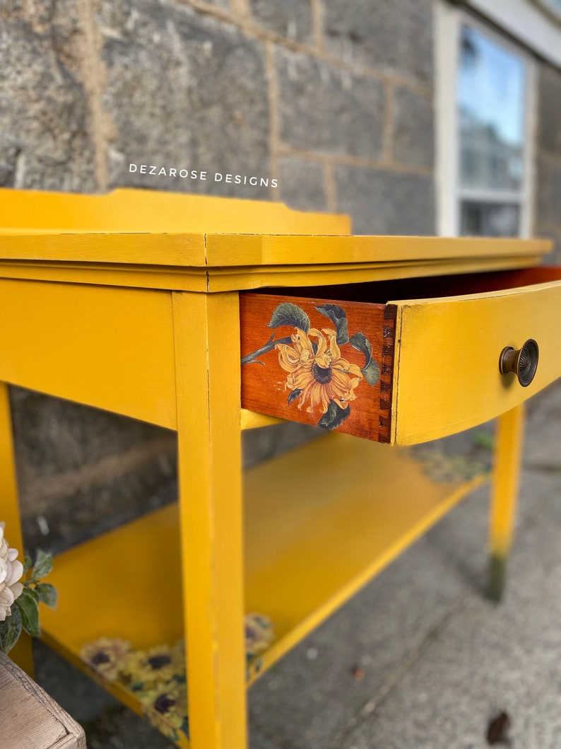 SOLD SOLDBeautiful mustard yellow blended painted solid wood console table with sunflower transfer entryway table changing table image 8