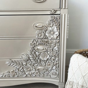 SOLD SOLD Painted neutral dresser with floral mould appliqués Refinished solid wood 3 drawer dresser with floral resin moulds image 2