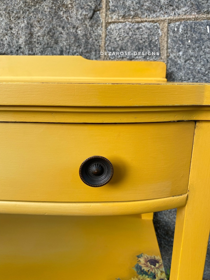 SOLD SOLDBeautiful mustard yellow blended painted solid wood console table with sunflower transfer entryway table changing table image 10