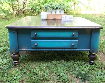 SOLD** SOLD** Example of past work | Custom blended teal coffee table with stained top