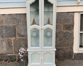 Sold !! Example - DO NOT PURCHASE*Stunning refinished tall pale green china cabinet with cherry blossom details | small glass curio cabinet