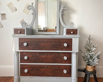 SOLD! SOLD!Stunning refinished painted rustic chippy grey painted and stained burl drawers antique empire dresser |6 drawer rustic farmhouse