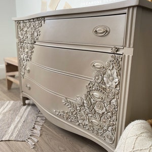 SOLD SOLD Painted neutral dresser with floral mould appliqués Refinished solid wood 3 drawer dresser with floral resin moulds image 3