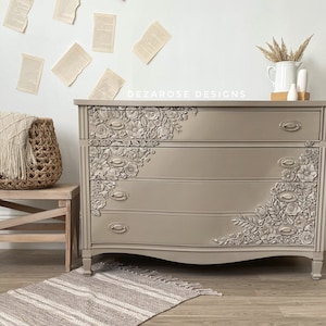 dresser with floral wood design on the front Floral Transfers For Furniture | Spring Dresser Makeover