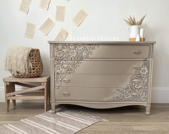 SOLD** SOLD** Painted neutral dresser with floral mould appliqués | Refinished solid wood 3 drawer dresser with floral resin moulds