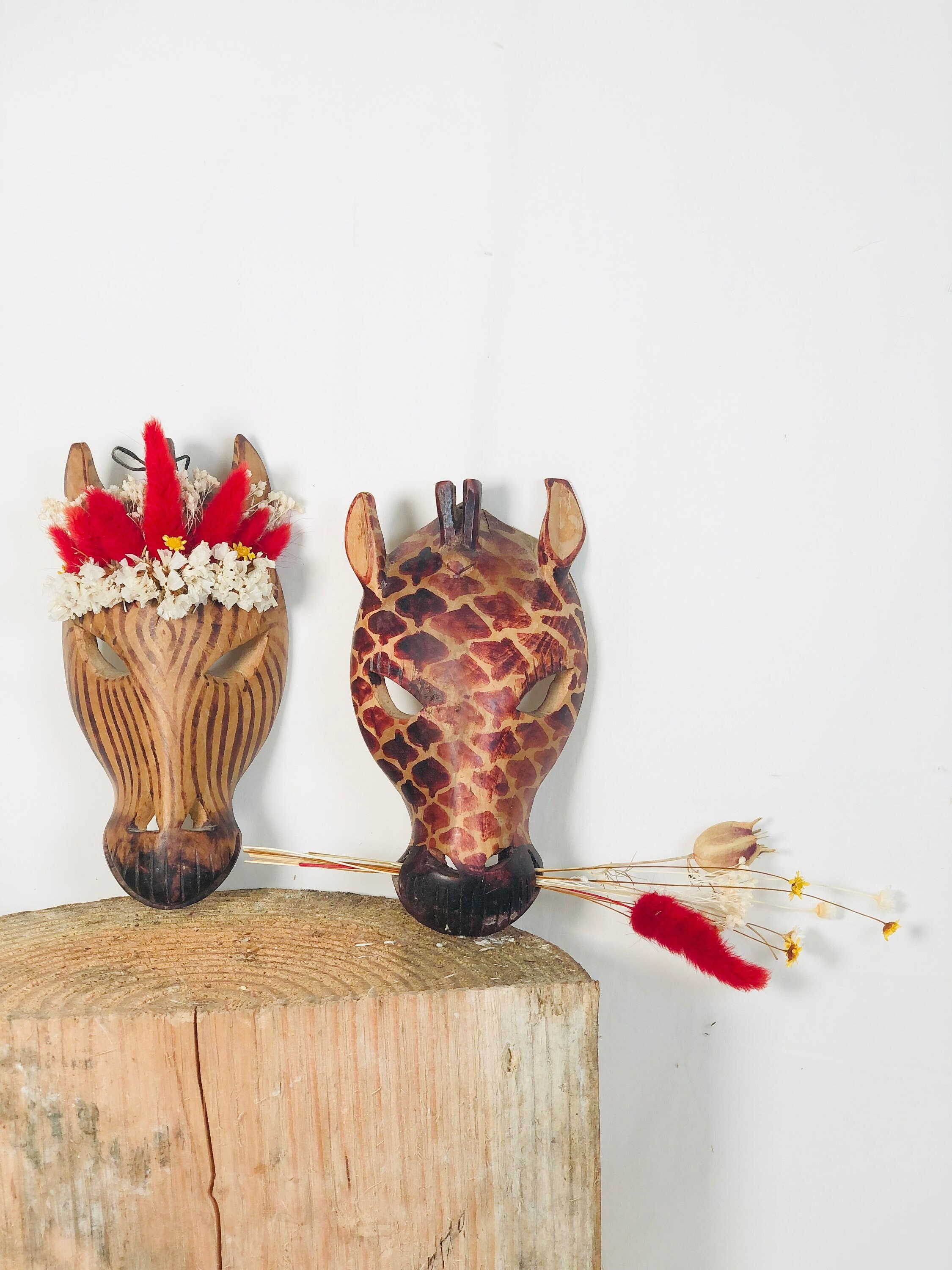 Fleur Séchée en Bois Décor d'animal Africain - Vendu Comme Un Ensemble de 2