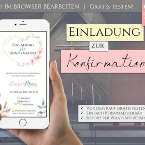 Konfirmation Einladung Whatsapp personalisierbar | Digitale eCard Vorlage Kommunion + Firmung + Taufe | Einladungskarte für Handy Smartphone