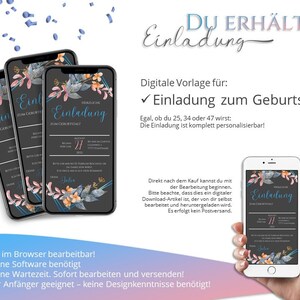 May include: A digital template for a birthday invitation. The template features a dark background with a floral design and the text "Einladung zum Geburtstag" in blue. The template is customizable and can be edited in a web browser.