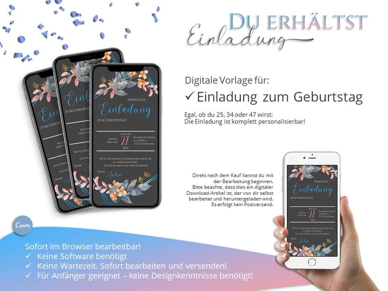 May include: A digital template for a birthday invitation. The template features a dark background with a floral design and the text "Einladung zum Geburtstag" in blue. The template is customizable and can be edited in a web browser.