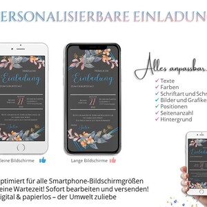 May include: A customizable digital invitation template for a birthday party. The template features a floral design with blue, pink, and gold accents. The text on the template reads "Herzliche Einladung zum Geburtstag" which translates to "Warm invitation to the birthday". The template is shown on a smartphone screen.