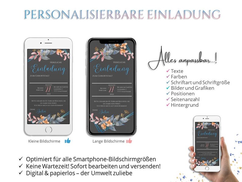 May include: A customizable digital invitation template for a birthday party. The template features a floral design with blue, pink, and gold accents. The text on the template reads "Herzliche Einladung zum Geburtstag" which translates to "Warm invitation to the birthday". The template is shown on a smartphone screen.