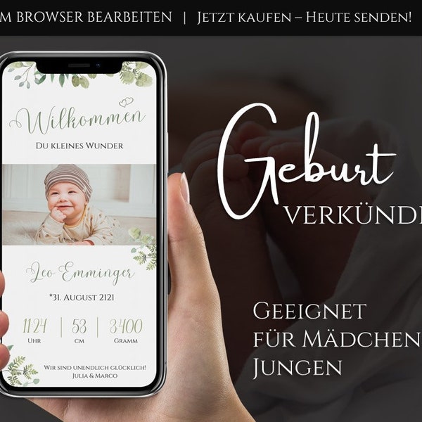 Geburtsanzeige personalisiert | Geburt verkünden mit Foto | Digitale Geburtsverkündung WhatsApp personalisierbar | Canva Vorlage Handy