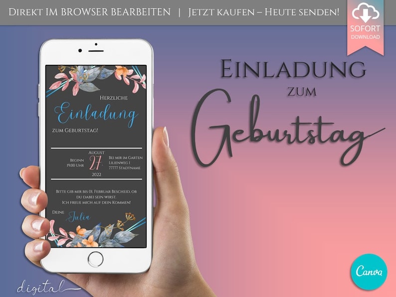 May include: A digital invitation for a birthday party with a floral design. The invitation is on a black background with blue and pink flowers. The text on the invitation reads "Einladung zum Geburtstag".