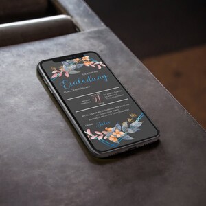 May include: A digital invitation on a smartphone screen with a floral design. The invitation reads "Herzliche Einladung zum Geburtstag" with a date of August 21st.