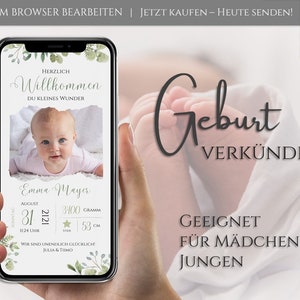 Faire-part de naissance personnalisé | Annoncer sa naissance avec photo | Annonce de naissance numérique WhatsApp personnalisable | Modèle de canevas mobile