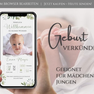 Personalized Birth Announcement | Announce birth with photo | Digital birth announcement WhatsApp customizable | Canva template mobile