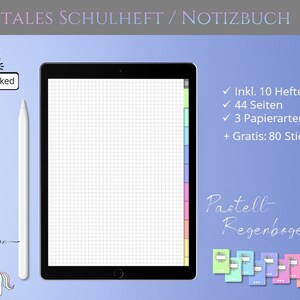 May include: A digital notebook app with a gridded page, a rainbow color scheme, and the text "Digitales Schulheft/Notizbuch" at the top. The app includes 10 notebooks, 44 pages, 3 paper types, and 80 stickers. The text "Pastell-Regenbogen" is at the bottom of the image.