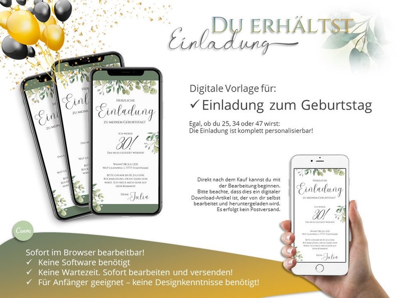 Digitale Einladung Geburtstag 30, 40, Whatsapp Einladung Canva Vorlage eCard 