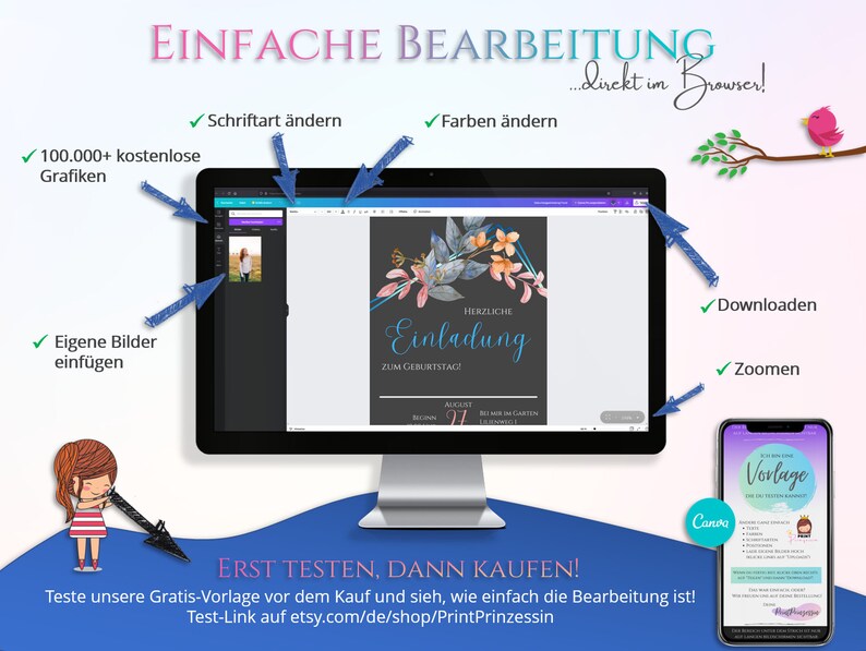 May include: A computer screen displaying a customizable invitation template with a floral design. The text on the invitation reads "Herzliche Einladung zum Geburtstag". The image shows how to edit the template using Canva, including changing the font, colors, and adding images. The text "ERST TESTEN, DANN KAUFEN!" is displayed below the screen.