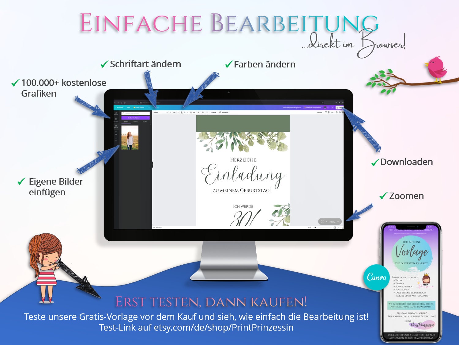 Digitale Einladung Geburtstag 30, 40, Whatsapp Einladung Canva Vorlage eCard 