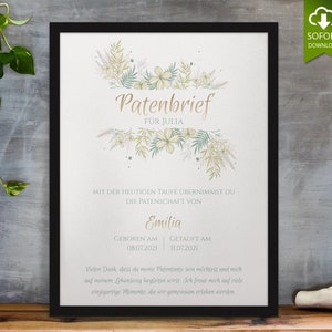 Plantilla de certificado de patente personalizable | Imprima usted mismo la carta de patrocinio | Regalo para madrina para bautizo