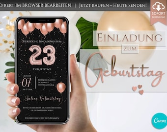 Digitale Einladung Geburtstag 20, 30, 40,... | Whatsapp Einladung Canva Vorlage eCard | personalisierbar für Handy rosé Luftballon Zahlen