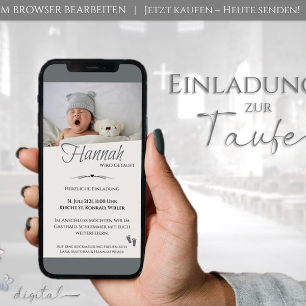 Einladung Taufe digital | Whatsapp Einladung mit Foto | Digitale eCard Canva Vorlage | Einladungskarte für Handy | Taufeinladung Smartphone